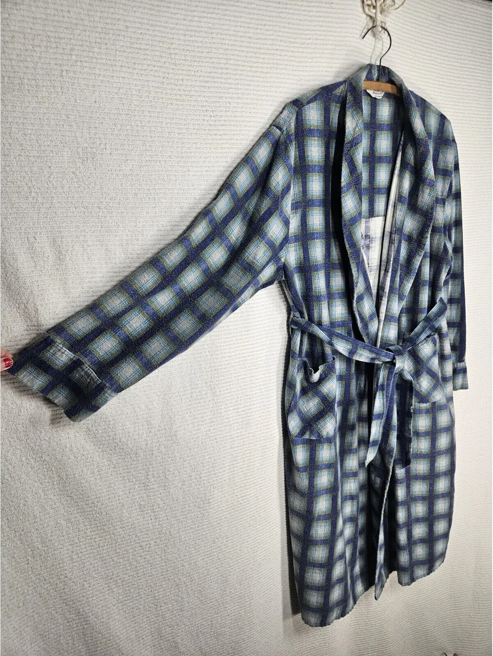 Vintage 1960s Men's Robe wSash XL Windowpane Plaid Flannel 100% Cotton Retro